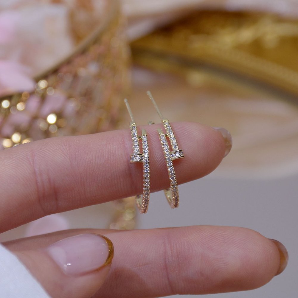 NEW 14K Gold Plated Round Diamond Nail Hoop Earrings - Picture 10 of 11